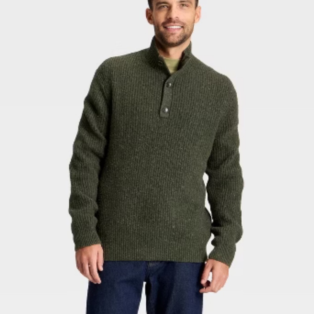 Men's Goodfellow & Co Olive Ribbed Mock neck Button Sweater Multiple Sizes